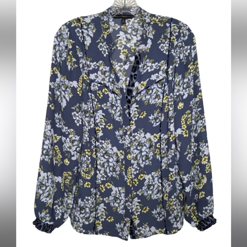 White House Black Market WHBM Long-Sleeve Honey Floral Leopard Blouse - Size 8